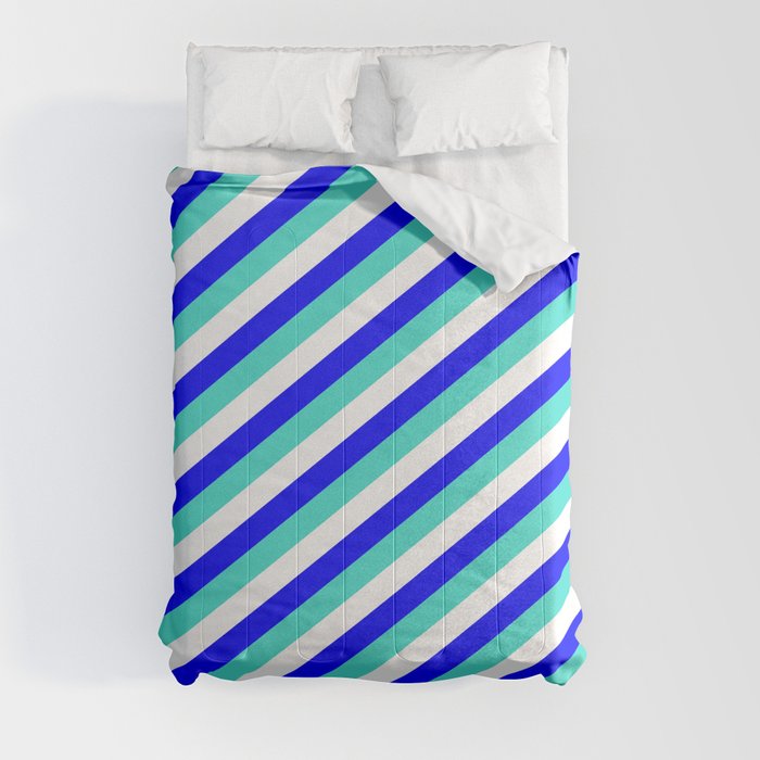 Turquoise, White & Blue Colored Stripes/Lines Pattern Comforter