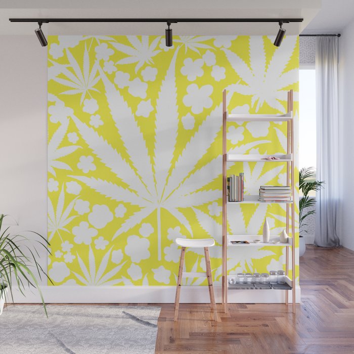 Spring Yellow Retro Modern Cannabis Leaves And Flowers Bright Ditzy Floral Pattern Wall Mural