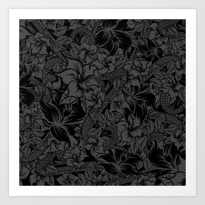Snaky Fleur, Black and Grey Art Print