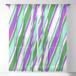 [ Thumbnail: Aquamarine, Dark Violet, White & Green Colored Lines/Stripes Pattern Sheer Curtain ]