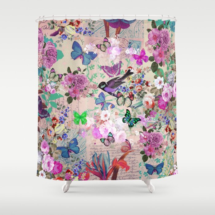 Bohemian vintage pink green floral collage typography Shower Curtain