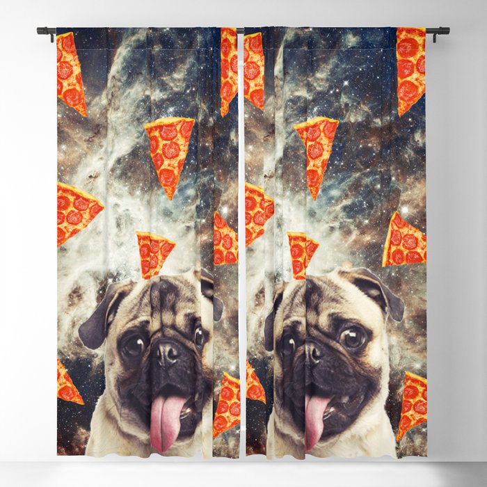 Pug in flying pizza space Blackout Curtain