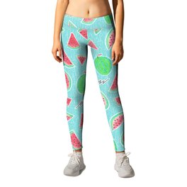 Watermelons Play Hand-drawn crayons on textured teal Leggings