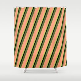 [ Thumbnail: Colorful Pale Goldenrod, Green, Black, Dark Olive Green & Light Salmon Colored Lined/Striped Pattern Shower Curtain ]