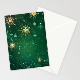 Gold Snowflakes on a Green Background Stationery Card