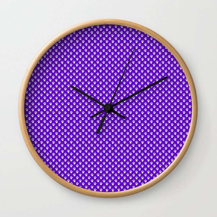 Tiny Paw Prints Pattern Deep Purple and White Wall Clock