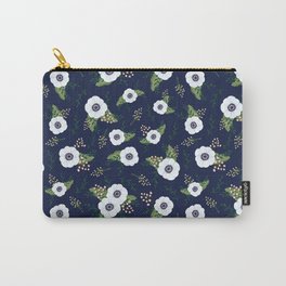 Anemone Floral Pattern Navy Blue Carry-All Pouch | Illustration, Navy Blue, Winter, Painting, Girly, Cottage, Acrylic, Boho, Floral, Anemone 