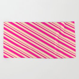 [ Thumbnail: Deep Pink and Tan Colored Lined/Striped Pattern Beach Towel ]