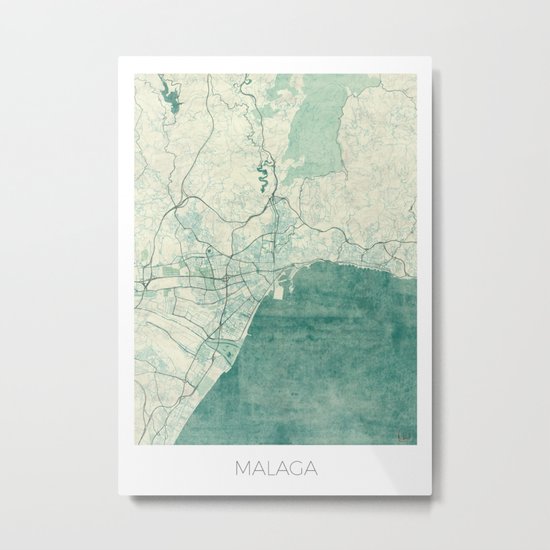 Malaga Map Blue Vintage Metal Print