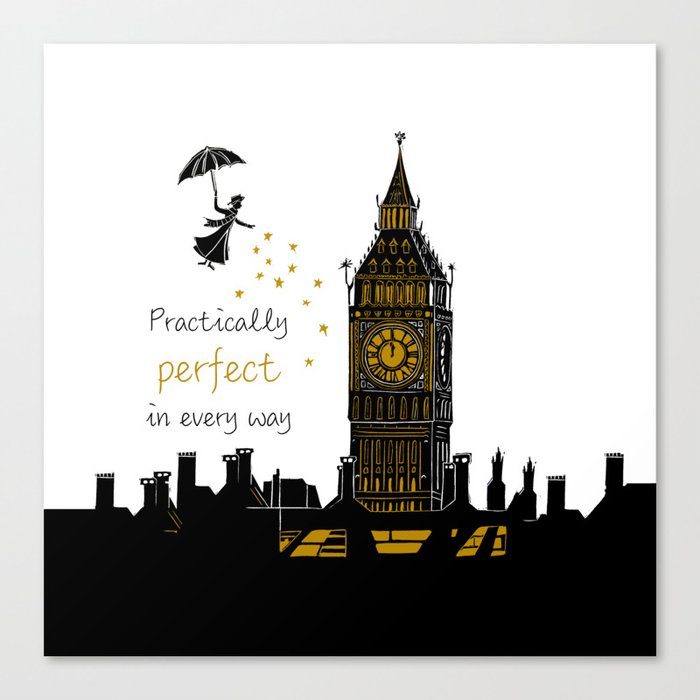 Mary Poppins Practically Perfect in Every Way Linocut Silhouette Canvas Print
