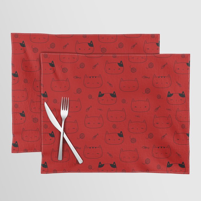 Red and Black Doodle Kitten Faces Pattern Placemat