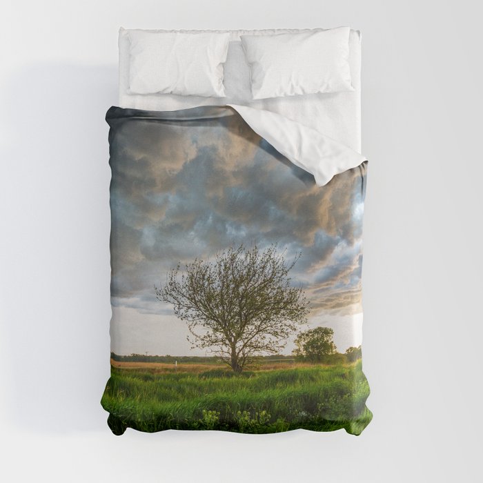 Stormy Day on the Plains - Tree Under Stormy Sky on Spring Day on the Plains of Kansas Duvet Cover