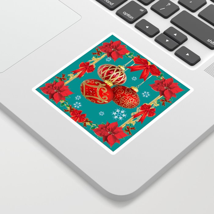 TEAL COLOR RED CHRISTMAS  ORNAMENTS &  POINSETTIAS FLOWER Sticker