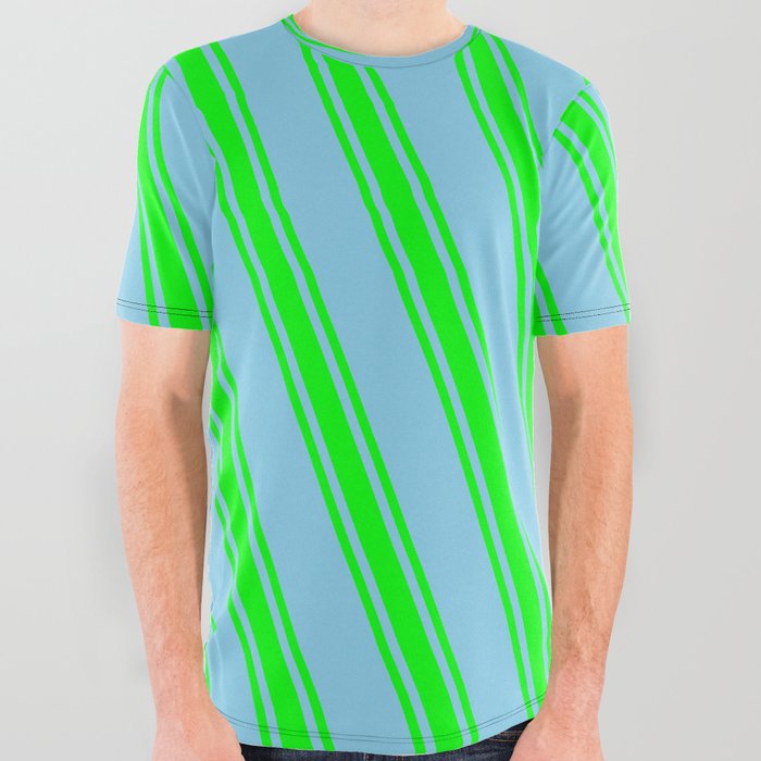 Sky Blue & Lime Colored Lines/Stripes Pattern All Over Graphic Tee