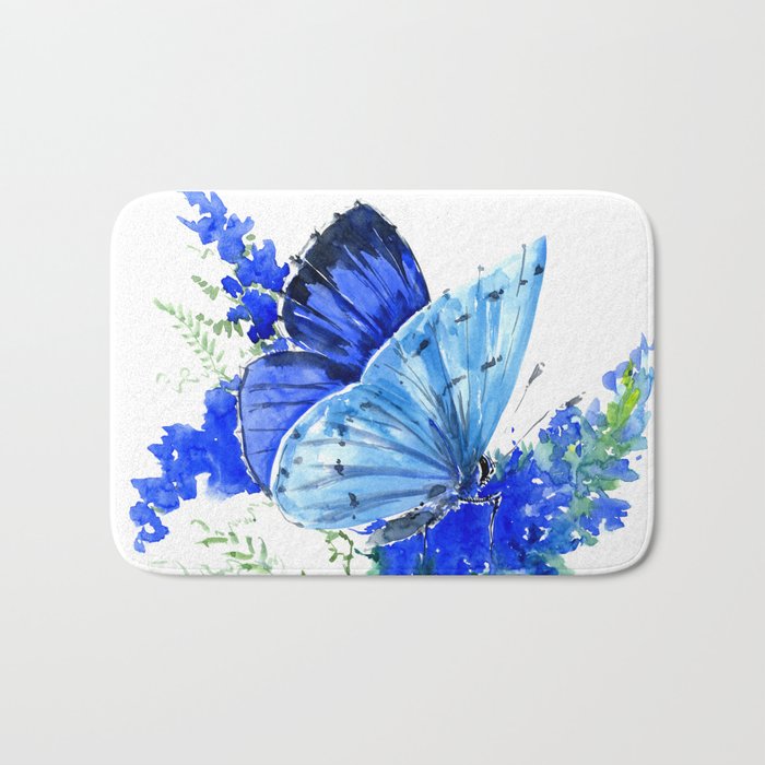 Blue Butterfly, blue butterfly lover blue room design floral nature Bath Mat