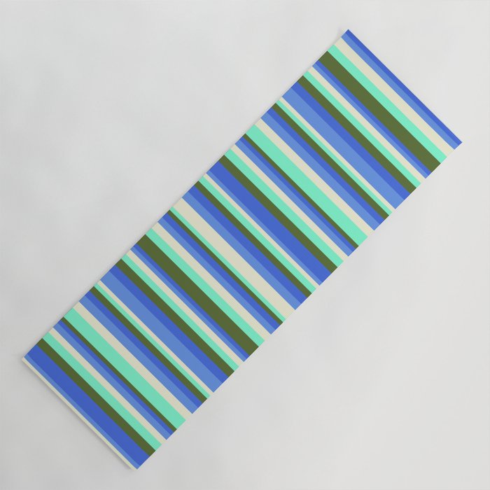 Eyecatching Dark Olive Green, Royal Blue, Cornflower Blue, Beige, Aquamarine Colored Stripes Pattern Yoga Mat