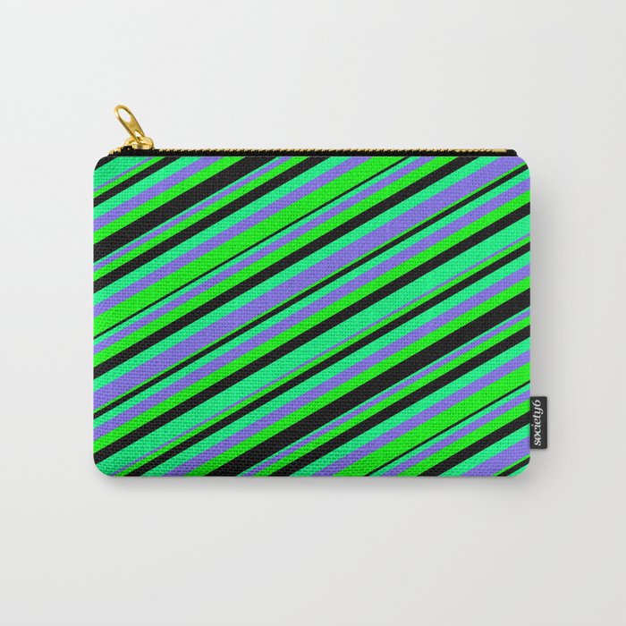 Green, Medium Slate Blue, Lime & Black Colored Stripes/Lines Pattern Carry-All Pouch