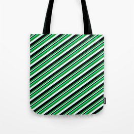 [ Thumbnail: Green, Forest Green, Light Cyan & Black Colored Lines/Stripes Pattern Tote Bag ]