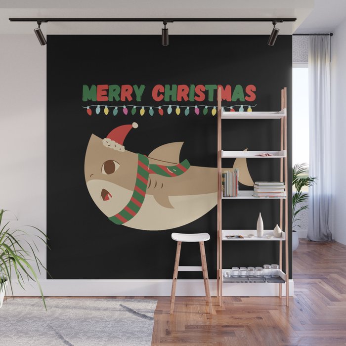 Merry Christmas shark with hat and red and green scarf Wall Mural