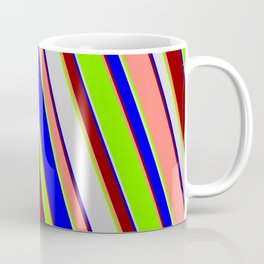 [ Thumbnail: Eyecatching Light Gray, Blue, Dark Red, Salmon & Green Colored Lines Pattern Coffee Mug ]