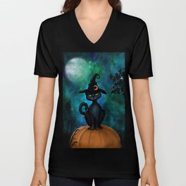 Witch’s Familiar on a Pumpkin V Neck T Shirt
