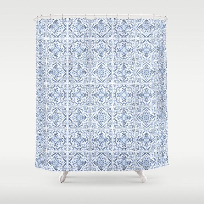 Small Scale Blue and White Tiled Pattern Shower Curtain
