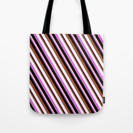 [ Thumbnail: Sienna, White, Orchid & Black Colored Striped Pattern Tote Bag ]
