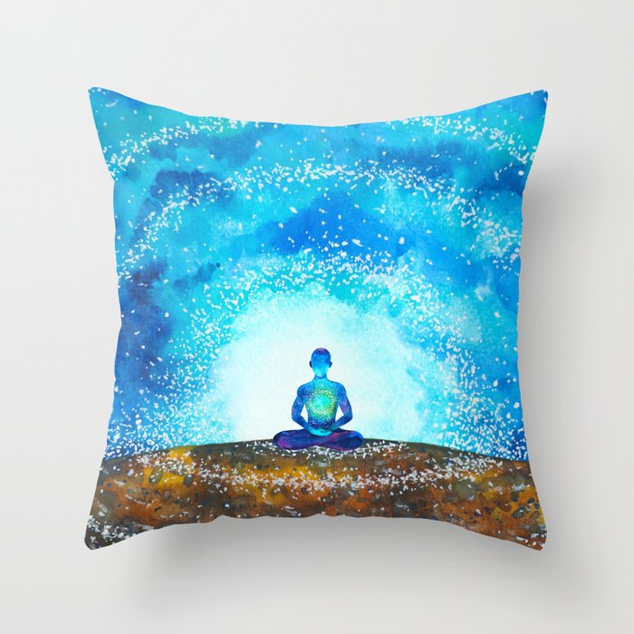 human meditate mind mental health yoga chakra spiritual healing watercolor painting illustration design Throw Pillow
