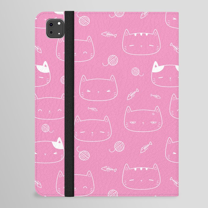 Pink and White Doodle Kitten Faces Pattern iPad Folio Case