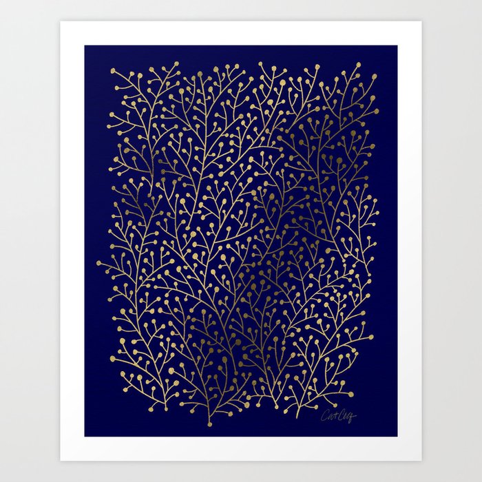 Gold Berry Branches on Navy Art Print