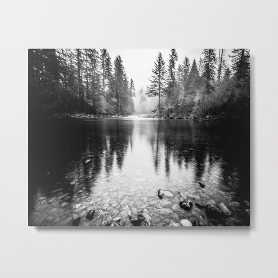 Forest Reflection Lake - Black and White Nature Water Reflection Metal Print