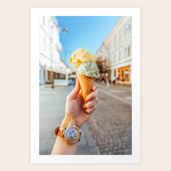 Woman Holding Ice Cream Green Pistachio And Yellow Melon Ice Cream Cone Travel Photo Art Print By Art My House Society6
