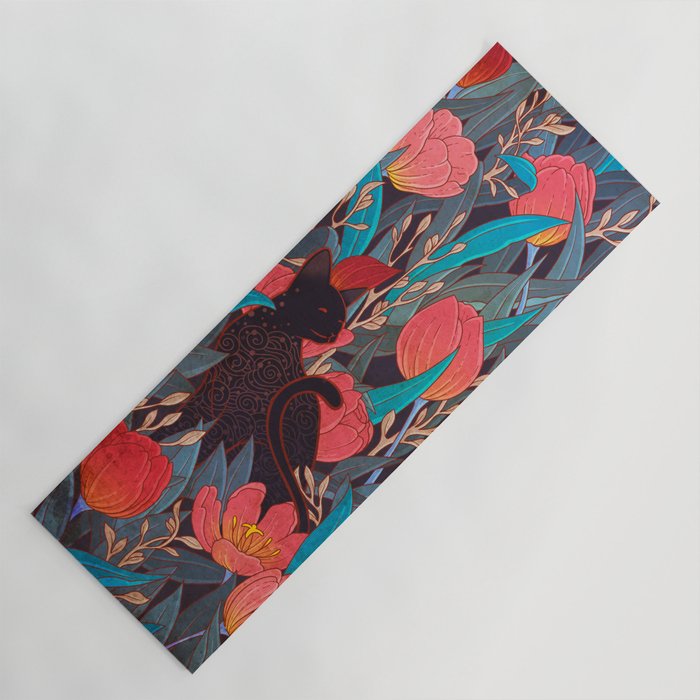 Black cat and tulips Yoga Mat