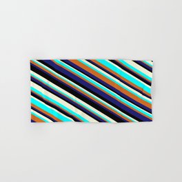 [ Thumbnail: Eye-catching Beige, Aqua, Chocolate, Midnight Blue, and Black Colored Lined Pattern Hand & Bath Towel ]