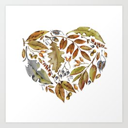 Heart made from autumn leaves and berries . Art Print