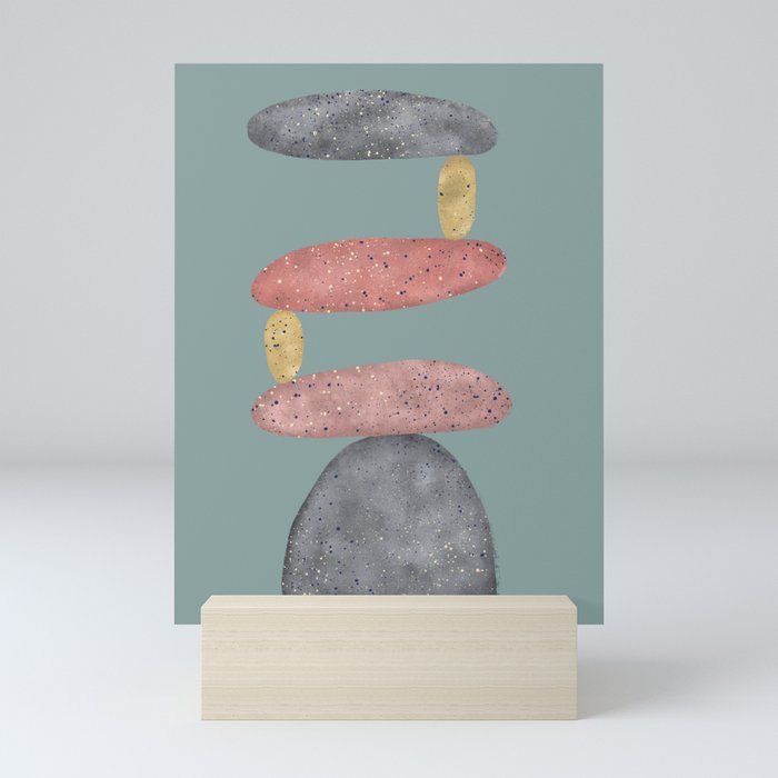 Grey, pink and yellow balancing stones Mini Art Print