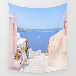 Santorini Greece Mamma Mia Pink Street Wall Tapestry