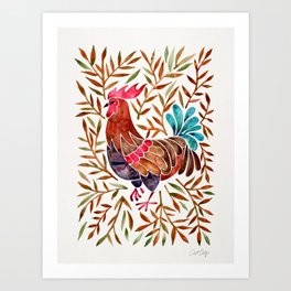 Le Coq – Watercolor Rooster with Sepia Leaves Art Print