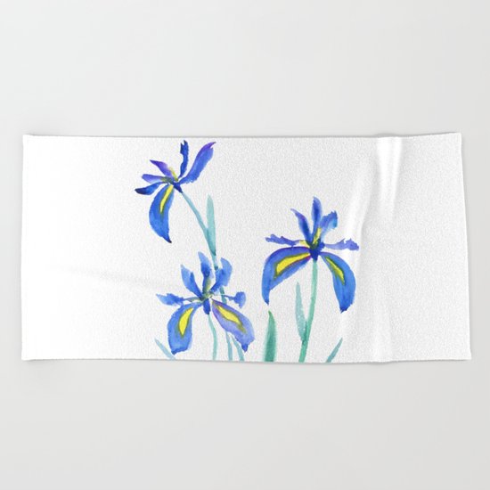 blue iris watercolor Beach Towel