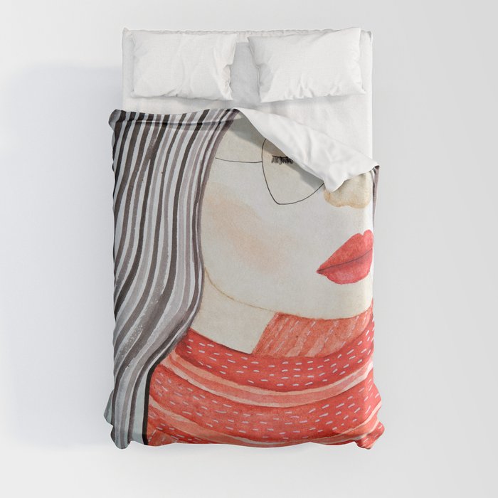 Beautiful lady with closed eyes in a red scarf wearing eyeglasses. Watercolor illustration. Duvet Cover