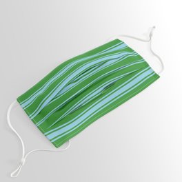 [ Thumbnail: Forest Green and Sky Blue Colored Lined/Striped Pattern Face Mask ]