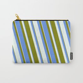 [ Thumbnail: Mint Cream, Green & Cornflower Blue Colored Striped/Lined Pattern Carry-All Pouch ]