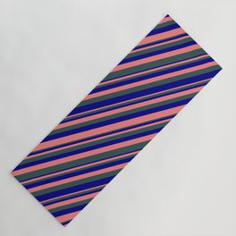 [ Thumbnail: Light Coral, Dark Slate Gray & Blue Colored Striped/Lined Pattern Yoga Mat ]