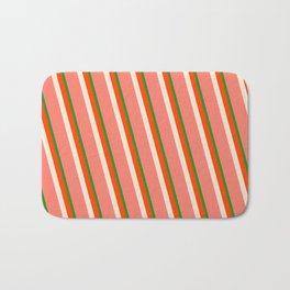 [ Thumbnail: Forest Green, Red, Beige, and Salmon Colored Lined/Striped Pattern Bath Mat ]