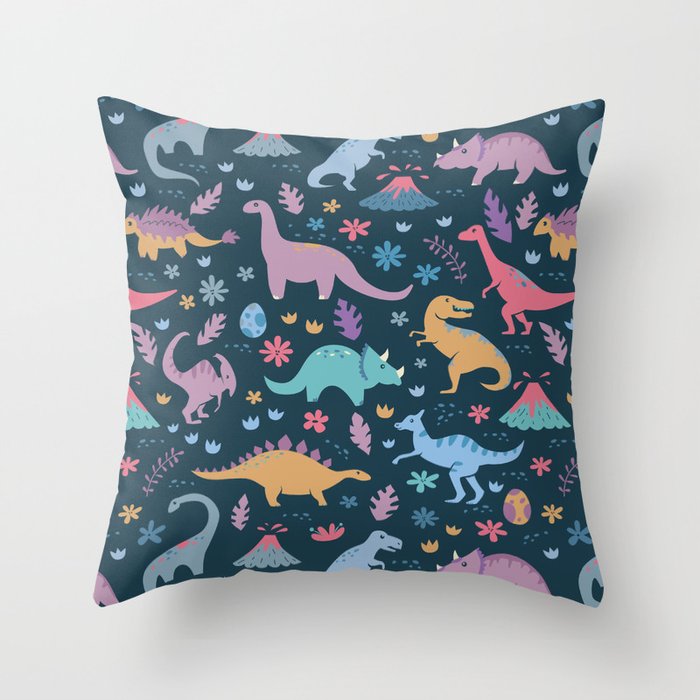 Dinosaur + Flowers Pattern Throw Pillow