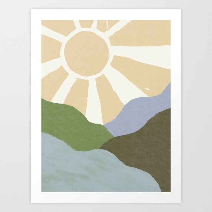 Sunshine & Hills \\ Retro Landscape Art Print