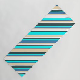 [ Thumbnail: Eye-catching Blue, Tan, White, Dark Slate Gray, and Cyan Colored Lined/Striped Pattern Yoga Mat ]