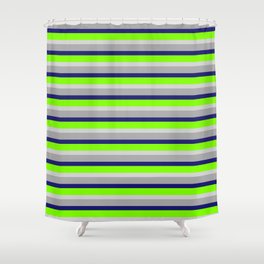 [ Thumbnail: Dark Grey, Midnight Blue, Chartreuse, and Light Grey Colored Lined/Striped Pattern Shower Curtain ]