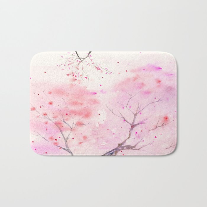 Cherry Blossom, Abstract,  Art Watercolor Painting  by Suisai Genki  Bath Mat