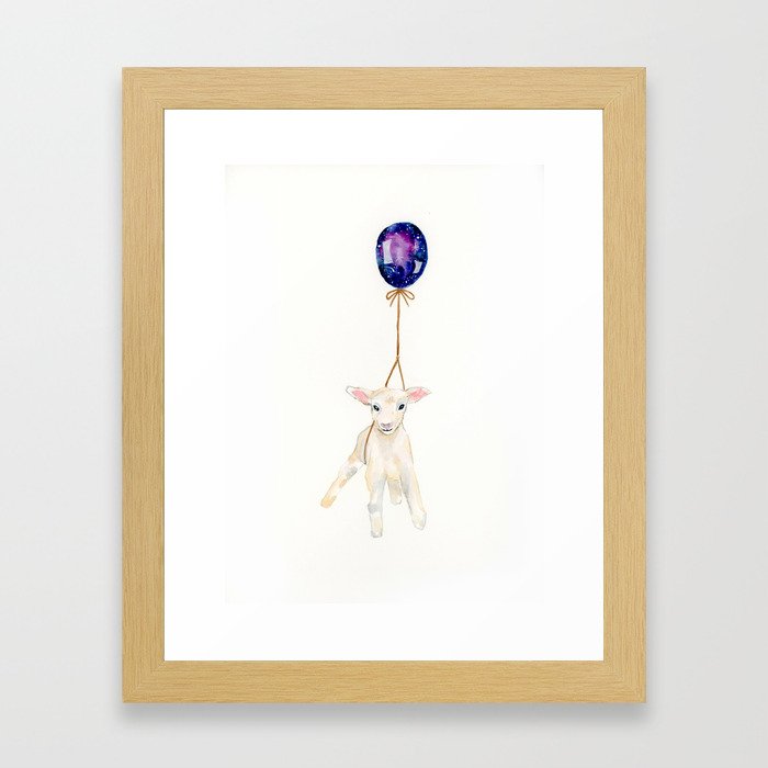 flying sheep with galaxy balloon watercolor painting  Framed Art Print